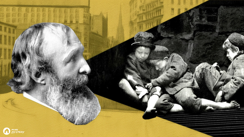 The profile of a bearded man (Charles Loring Brace, father of foster care) pictured beside several children huddled together (orphans from the 1800's)