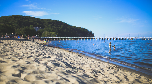 beach and ocean with a view of the pier